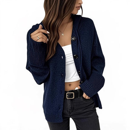 Womens Solid Color Hooded Drawstring Knit Cardigan Jacket