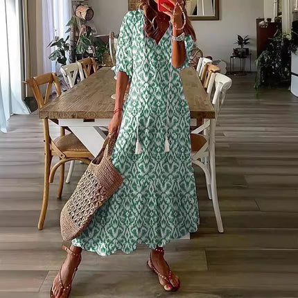 Womens V-Neck Printed Lantern Sleeve Dress