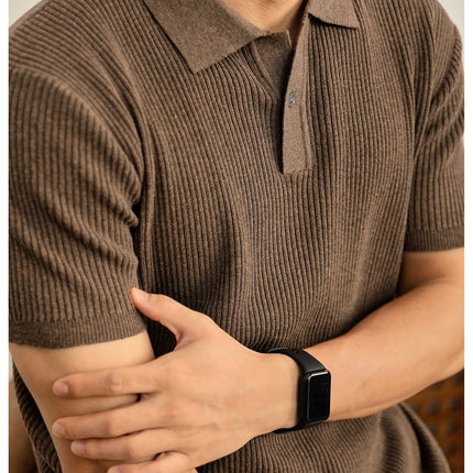 Summer Cooling Knitted Ribbed Texture Polo Shirt for Men with One Button Turn-down Collar