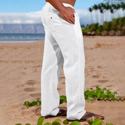 Mens Linen Cotton Drawstring Waist Casual Trousers