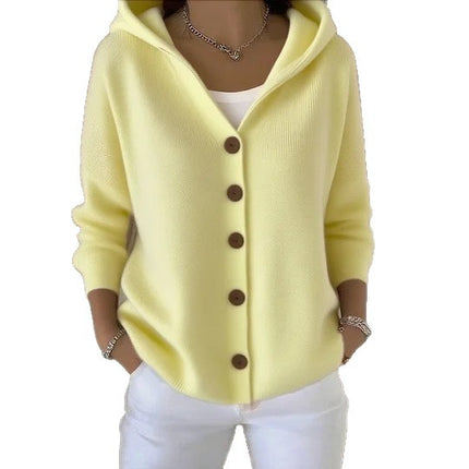 Women's buttoned knitted hooded cardigan