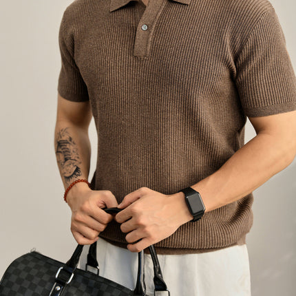 Summer Cooling Knitted Ribbed Texture Polo Shirt for Men with One Button Turn-down Collar