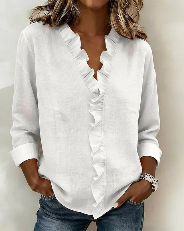 Womens Ruffled Long Sleeve Cotton Shirt