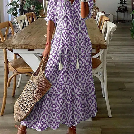 Womens V-Neck Printed Lantern Sleeve Dress