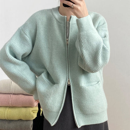 Retro Double Zipper Knitted Cardigan