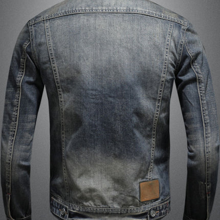 Vintage Washed Denim Jacket with Lapel Collar