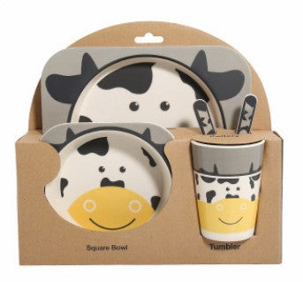 طقم أدوات مائدة للأطفال مكون من 5 قطع - خمس قطع من ألياف الخيزران الطبيعية: وعاء، كوب، ملعقة، طبق، شوكة، أطباق أطفال، طبق، هدية، أدوات مائدة