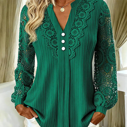 Women Solid Color V-Neck Lace Blouse Long Sleeve Slim Fit Shirt