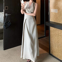 French-style High-end V-neck Halter Dress With A Tie-up Waist-cinching Design