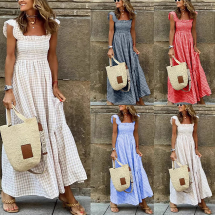 Summer Stylish Women's Patchwork Plaid Strap Elastic Flared Dress