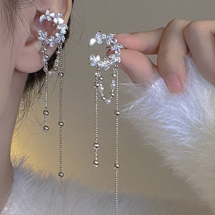 Zircon Star Moon Tassel Clip Earrings