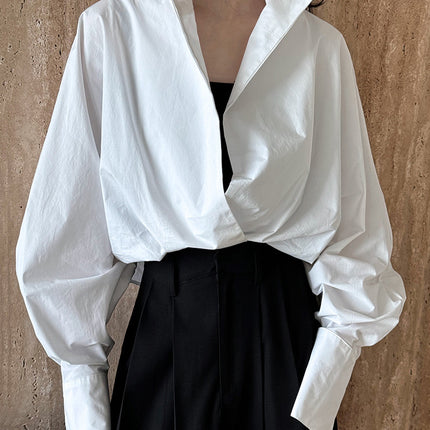 Layered Stand-up Collar Deep V-Neck Shirt