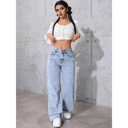 Womens High Waist Straight Leg Denim Pants