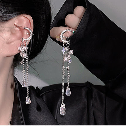 Zircon Star Moon Tassel Clip Earrings