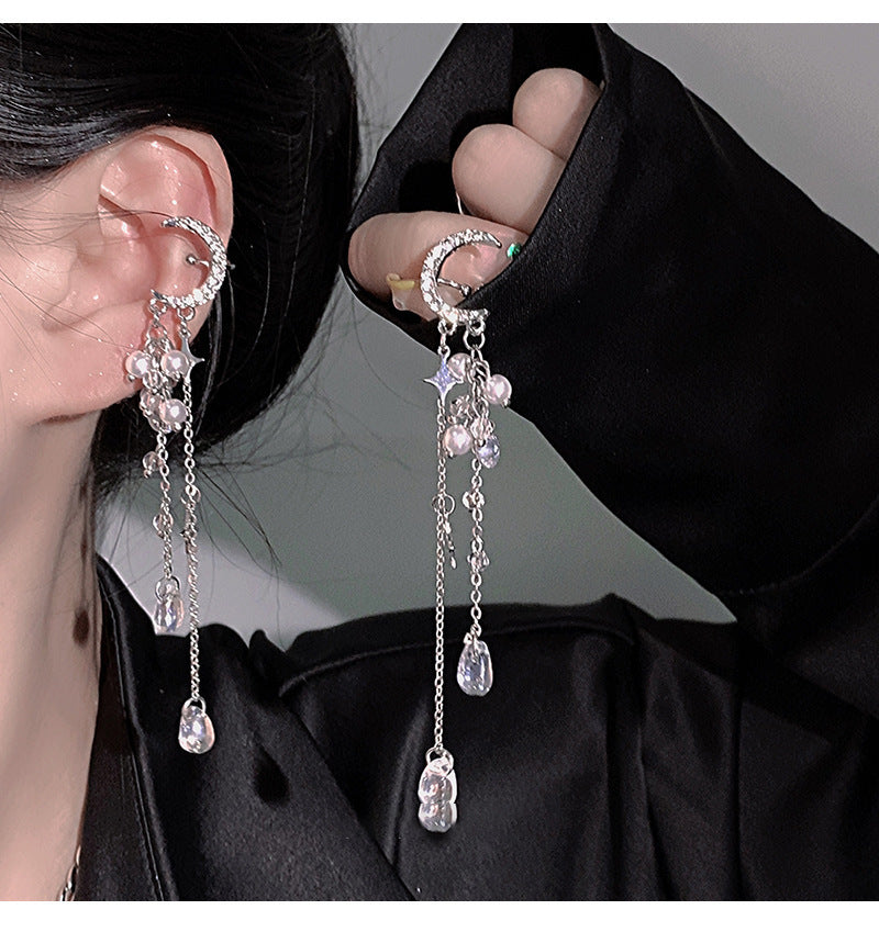 Zircon Star Moon Tassel Clip Earrings