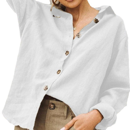 Womens Lapel Long Sleeve Cotton Linen Shirt