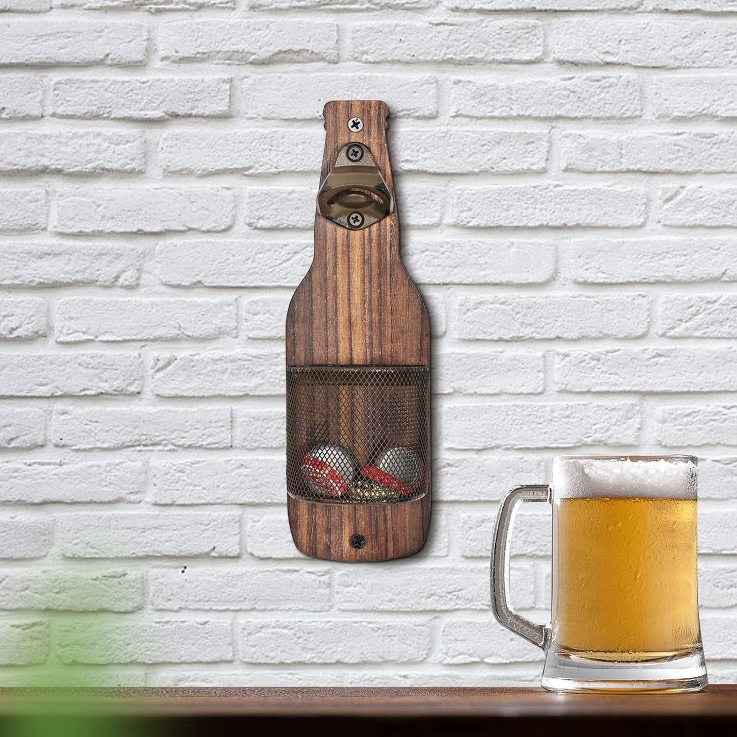 Wooden Wall Mounted Bottle Opener with Cap Storage Basket