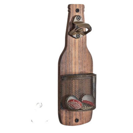 Wooden Wall Mounted Bottle Opener with Cap Storage Basket