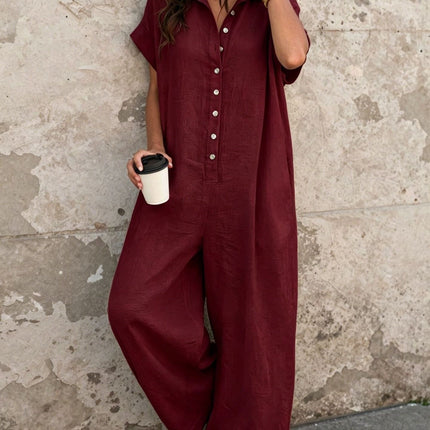 Short Sleeve Button Front Loose Fit Jumpsuit