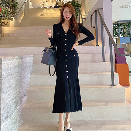 Womens V-Neck Slim-Fit Knit Long Dress