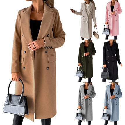 Womens Double-Breasted Wool Blend Coat with Pockets