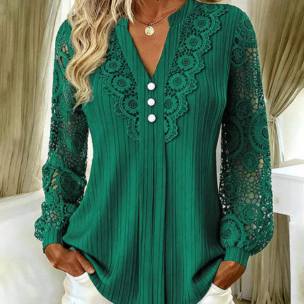 Women Solid Color V-Neck Lace Blouse Long Sleeve Slim Fit Shirt