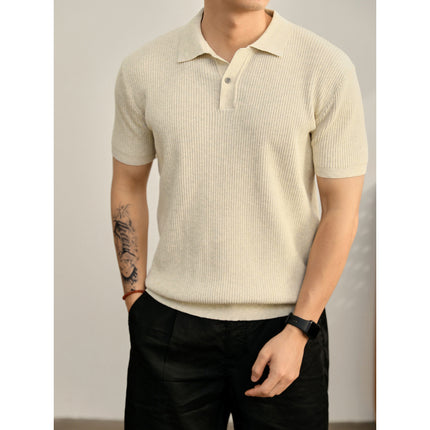 Summer Cooling Knitted Ribbed Texture Polo Shirt for Men with One Button Turn-down Collar