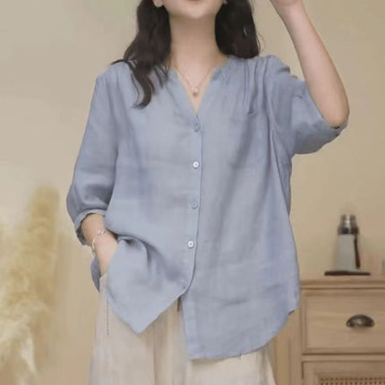 Womens Vintage Summer Cotton Linen V-Neck Loose Shirt