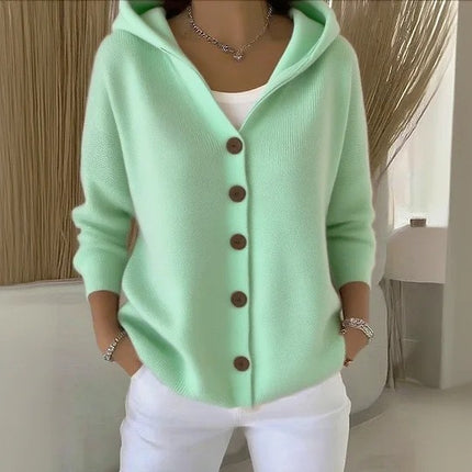 Women's buttoned knitted hooded cardigan