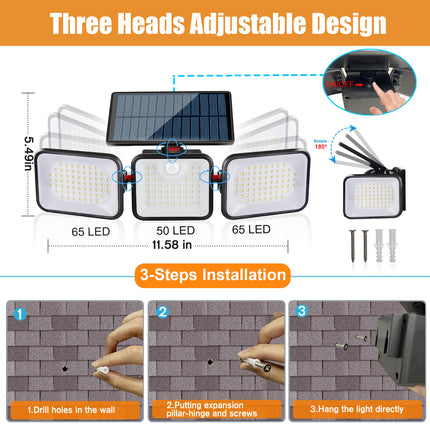 Solar Powered 180 LED Three Head Rotatable Wall Lamp