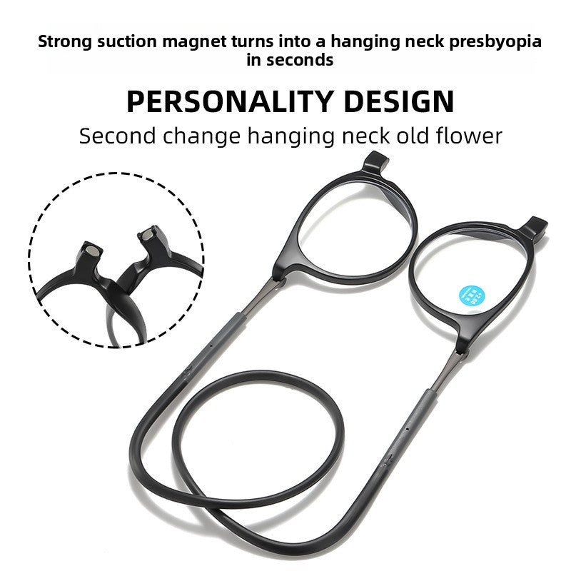 Hanging neck magnetic reading glasses