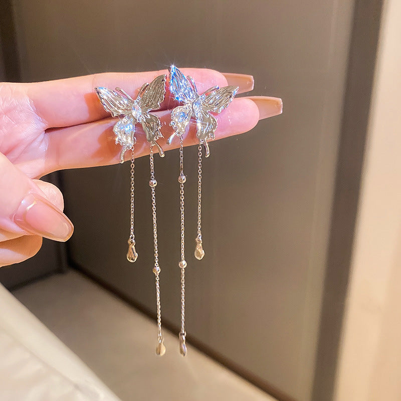 Zircon Star Moon Tassel Clip Earrings