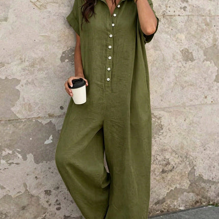 Short Sleeve Button Front Loose Fit Jumpsuit
