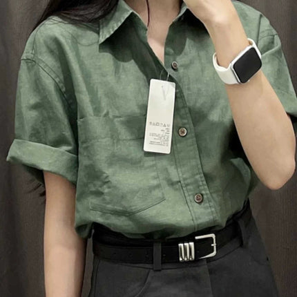 Womens Cotton Linen Short Sleeve Polo Shirt Summer Loose Blouse