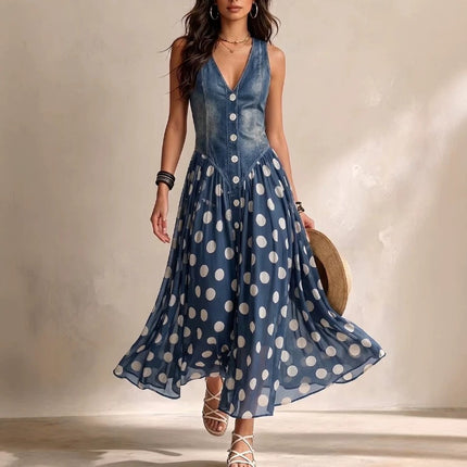 Women's Fashion Casual Printed Faux Denim Polka Dot Dress