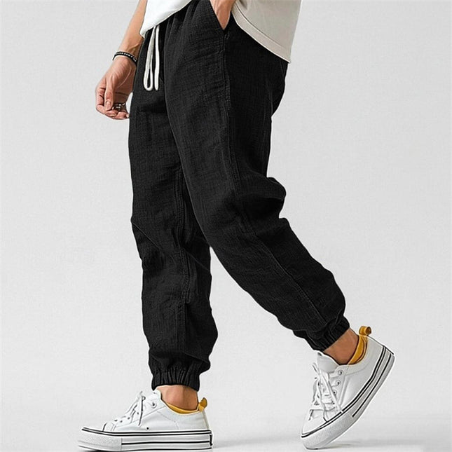 Men's cotton and linen casual plain color comfortable and breathable ankle-length pants