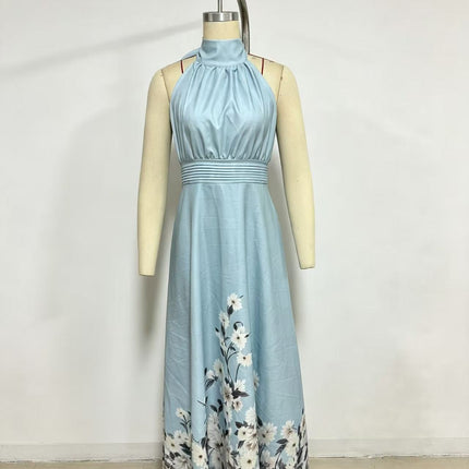 Sleeveless Tie Floral Print Elegant Maxi A-Line Dress