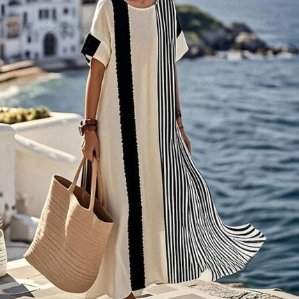 Printed V-neck five-button long dress