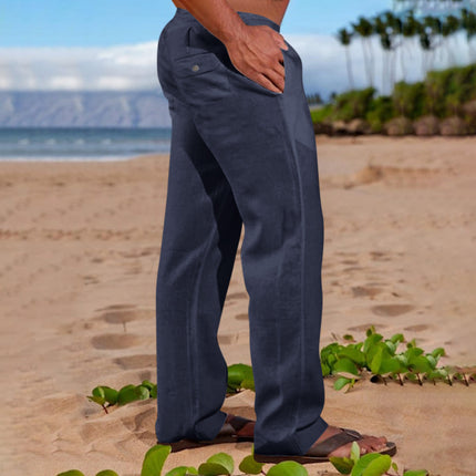 Mens Linen Cotton Drawstring Waist Casual Trousers