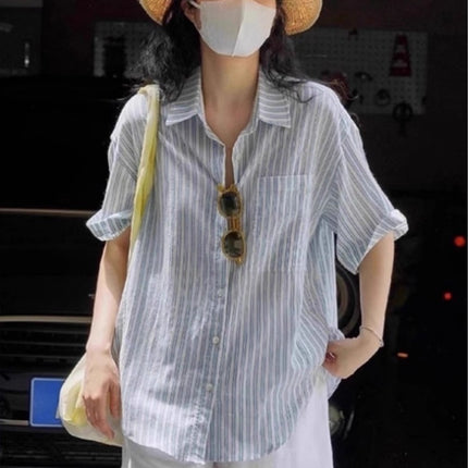Blue White Striped Cotton Linen Short Sleeve Shirt