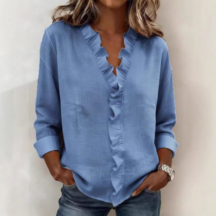 Womens Ruffled Long Sleeve Cotton Shirt
