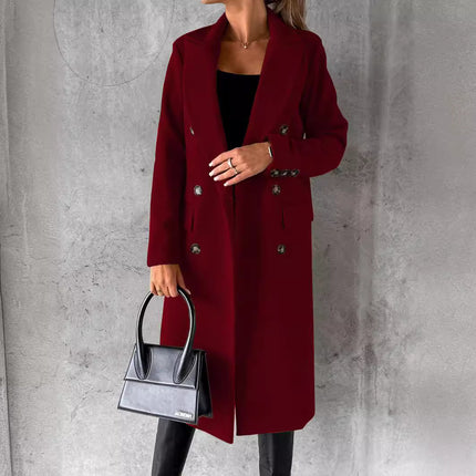 Womens Double-Breasted Wool Blend Coat with Pockets
