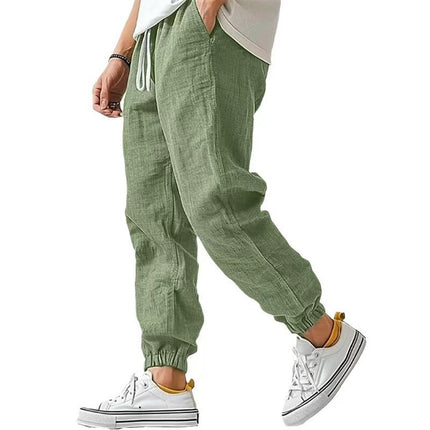 Men's cotton and linen casual plain color comfortable and breathable ankle-length pants