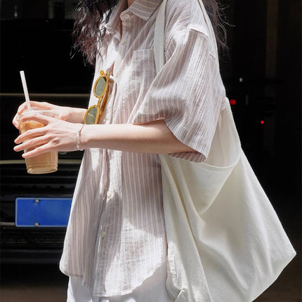 Blue White Striped Cotton Linen Short Sleeve Shirt