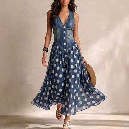 Women's Fashion Casual Printed Faux Denim Polka Dot Dress