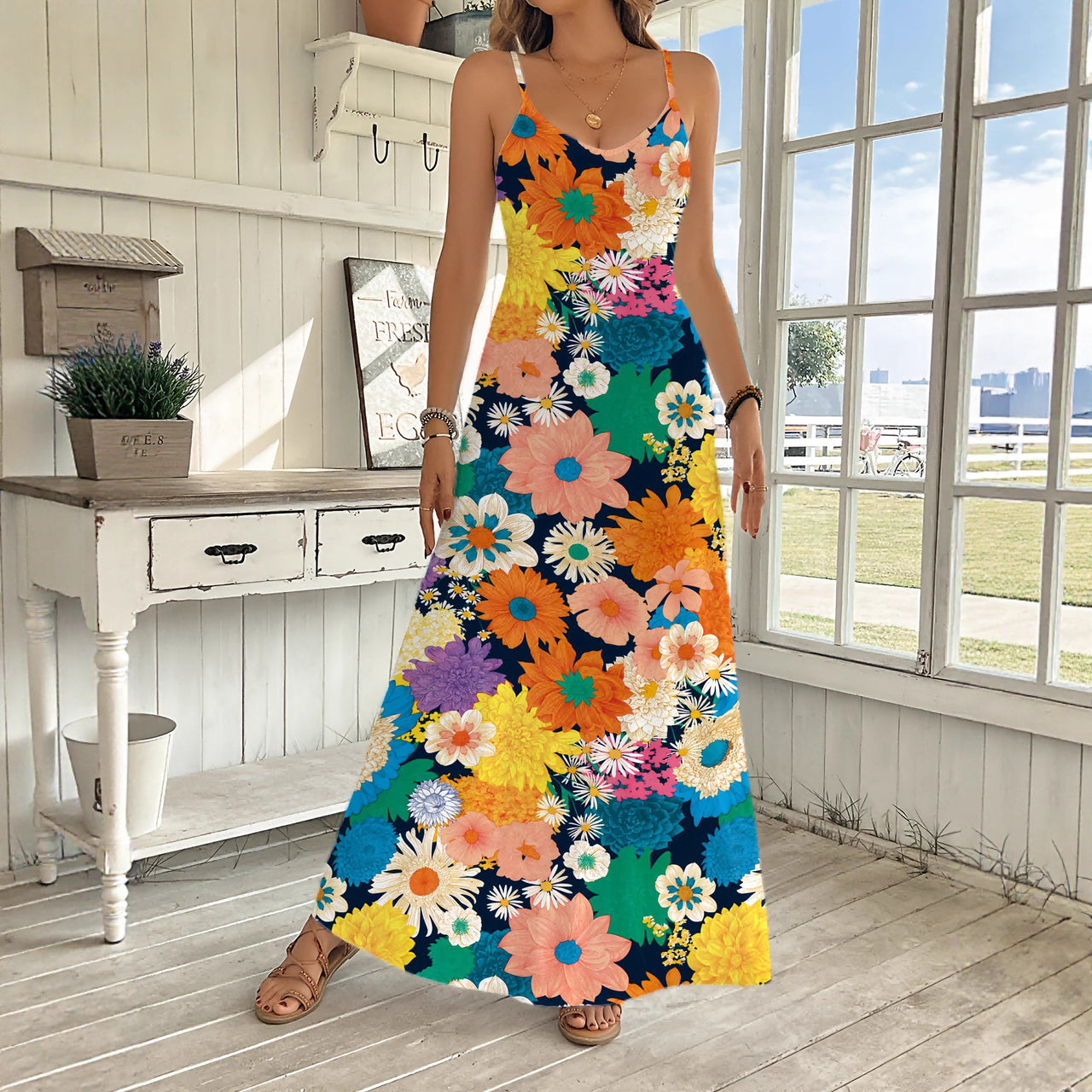 Womens Fashion Long Floral Slip Dress