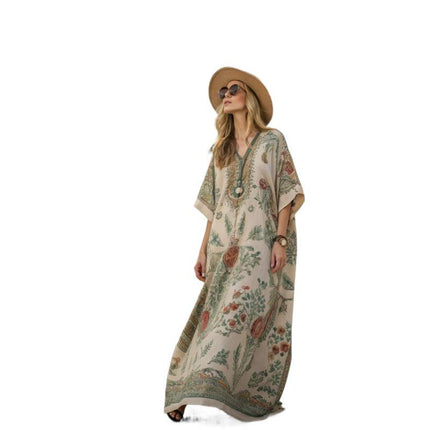 Printed V-neck five-button long dress