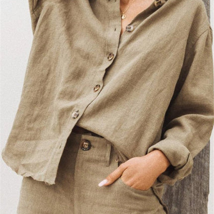 Womens Lapel Long Sleeve Cotton Linen Shirt