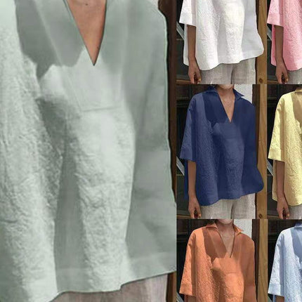 Womens V-neck Cotton Linen Shirt