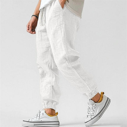 Men's cotton and linen casual plain color comfortable and breathable ankle-length pants
